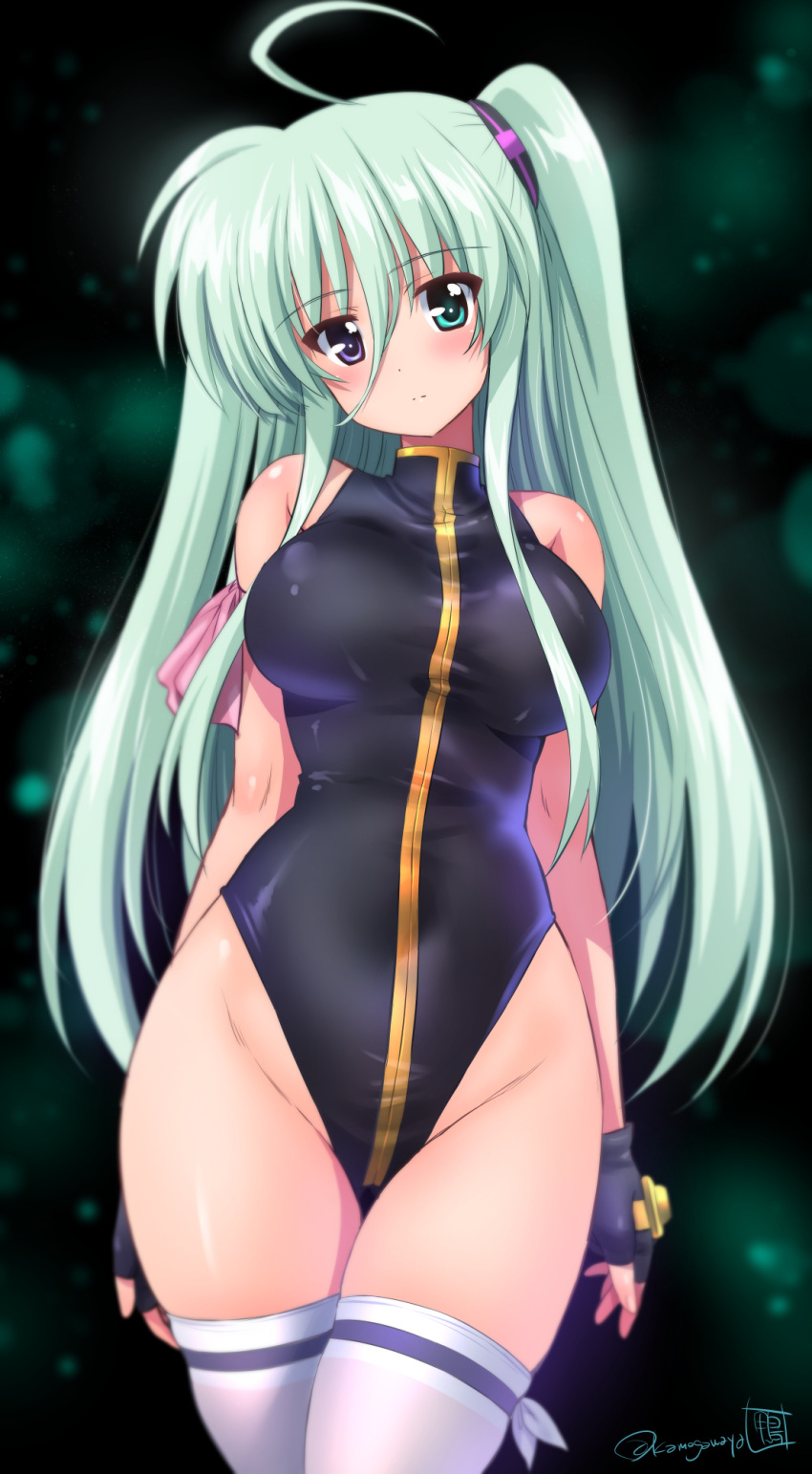 1girl aged_up ahoge bare_shoulders black_leotard blue_eyes blush breasts covered_navel einhart_stratos green_hair heterochromia highleg highleg_leotard highres kamogawa_tanuki leotard long_hair looking_at_viewer lyrical_nanoha medium_breasts purple_eyes shiny_skin single_stripe solo standing thighhighs twintails white_thighhighs