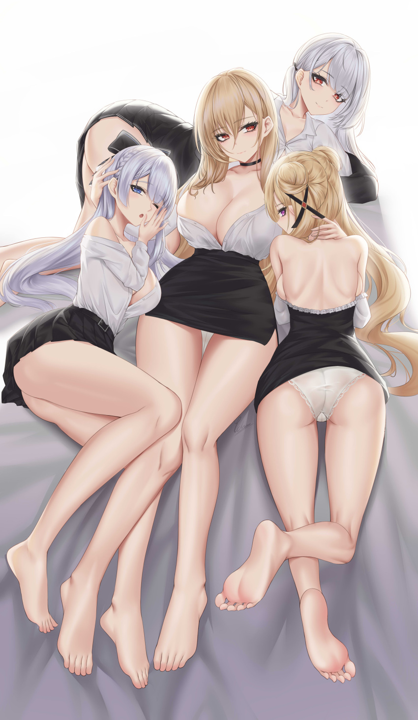 4girls absurdres argus_(a_hundred_sleepless_eye)_(azur_lane) argus_(azur_lane) azur_lane back bare_shoulders barefoot black_choker black_skirt blonde_hair blue_eyes blush breasts choker cleavage closed_mouth feet grey_hair highres ichikushi_mojibake implacable_(azur_lane) implacable_(shepherd_of_the_"lost")_(azur_lane) large_breasts legs long_hair long_sleeves looking_at_viewer multiple_girls official_alternate_costume one_eye_closed open_mouth red_eyes revision royal_oak_(azur_lane) royal_oak_(bashful_oak)_(azur_lane) scylla_(azur_lane) scylla_(femme_fatale_fresher)_(azur_lane) shirt shirt_tucked_in skirt smile soles thighs toes white_shirt