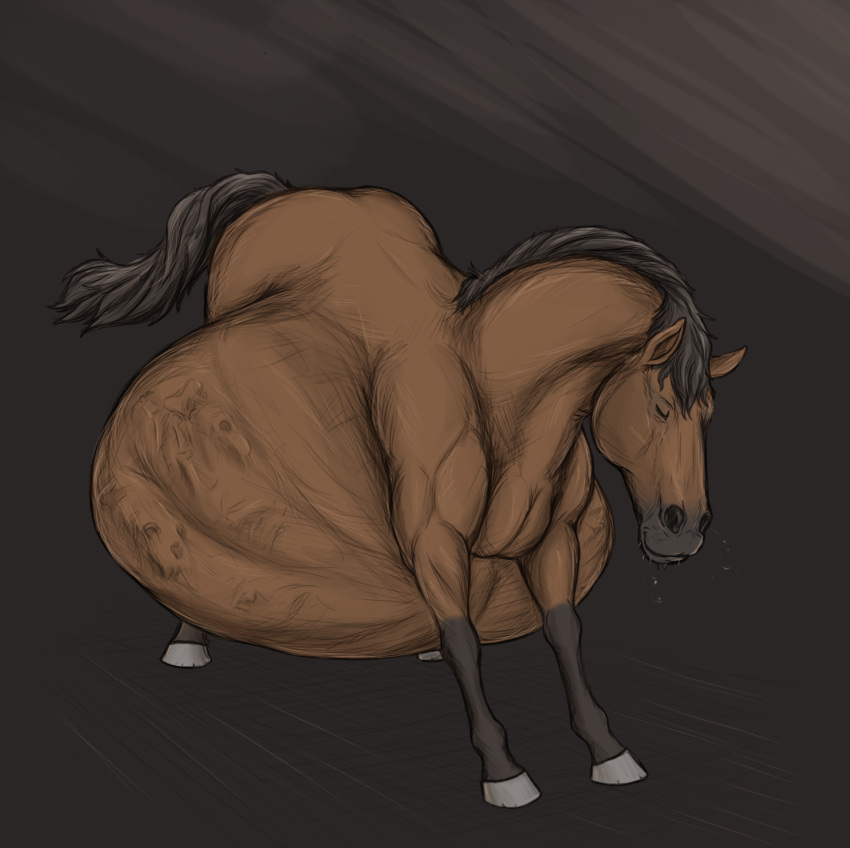 after_vore belly big_belly bone_bulge bones_in_stomach brown_body brown_fur colored_sketch digestion equid equine eyes_closed fatal_vore feral feral_pred fur guide_lines hi_res horse male male_pred mammal simple_background sketch stretching thatgryphonguy vore