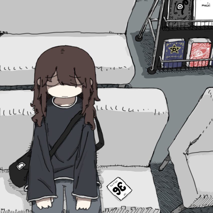 1girl bag black_shirt book brown_hair closed_mouth couch disappointed display feet_out_of_frame from_above furrowed_brow grey_pants hands_on_lap hatching_(texture) highres indoors long_hair long_sleeves on_couch original pants romaji_text shirt shoulder_bag sitting solo ticket torosakana