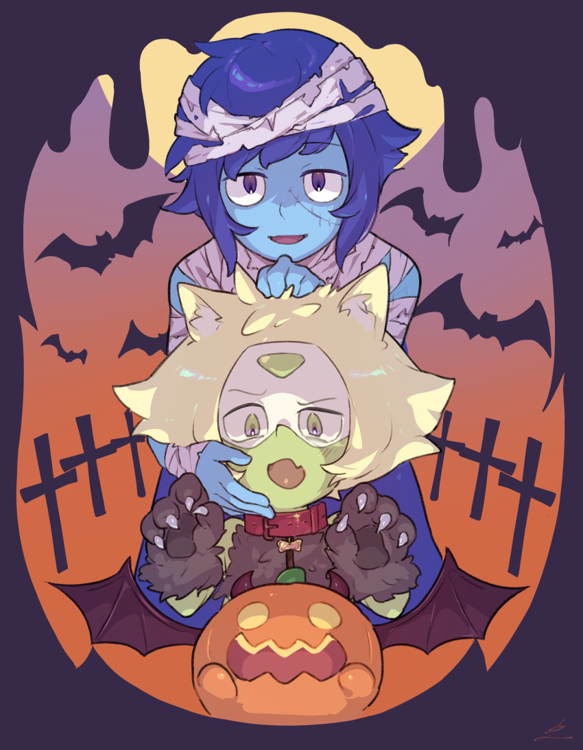 2girls absurdres animal_hands bat_(animal) blonde_hair blue_eyes blue_hair blue_skin collar colored_skin commentary_request fang gloves green_eyes green_skin halloween hatoridayou highres jack-o'-lantern kemonomimi_mode lapis_lazuli_(steven_universe) looking_at_viewer multiple_girls mummy_costume paw_gloves peridot_(steven_universe) red_collar short_hair skin_fang steven_universe upper_body