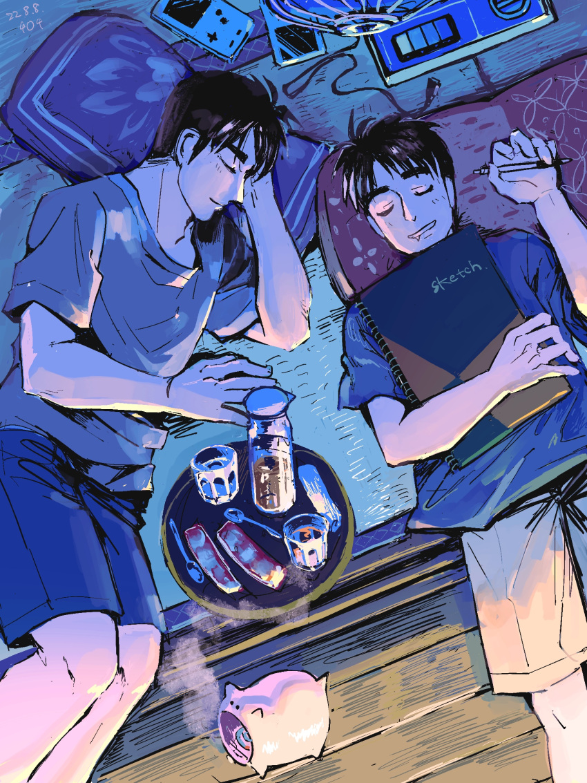 2boys black_hair black_shorts brothers closed_eyes closed_mouth commentary_request cup dated electric_fan feet_out_of_frame game_boy game_boy_(original) game_link_cable grey_shirt handheld_game_console highres holding holding_pencil holding_sketchbook joukyou_seikatsuroku_ichijou kaiji kayari_buta male_focus medium_bangs mosquito_coil multiple_boys murakami_itsuki murakami_tamotsu open_mouth pencil pillow shirt short_hair shorts siblings sketchbook sleeping smile smoke spoon tatami tray unknown03162 white_shorts