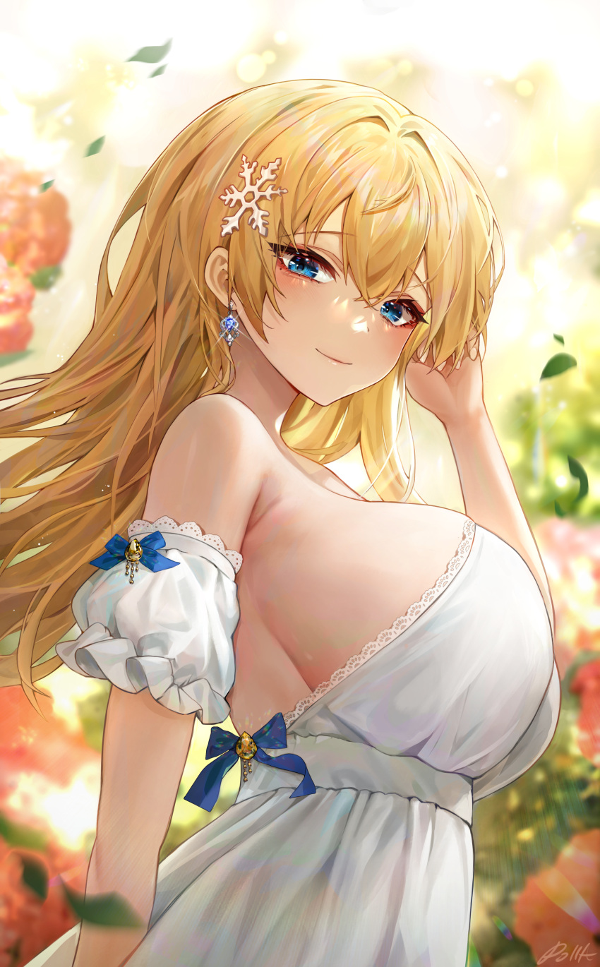 1girl absurdres alternate_costume alternate_hair_length alternate_hairstyle armpits bare_shoulders blonde_hair blue_eyes blue_ribbon blush breasts closed_mouth commentary detached_sleeves dress earrings from_side girls'_frontline hair_ornament high-waist_sideboob high-waist_skirt highres jewelry lace lace-trimmed_dress lace-trimmed_sleeves lace_trim large_breasts long_hair looking_at_viewer looking_to_the_side mole mole_under_eye polla revision ribbon short_sleeves skirt sleeve_ribbon smile snowflake_hair_ornament solo symbol-only_commentary vsk-94_(girls'_frontline) white_dress