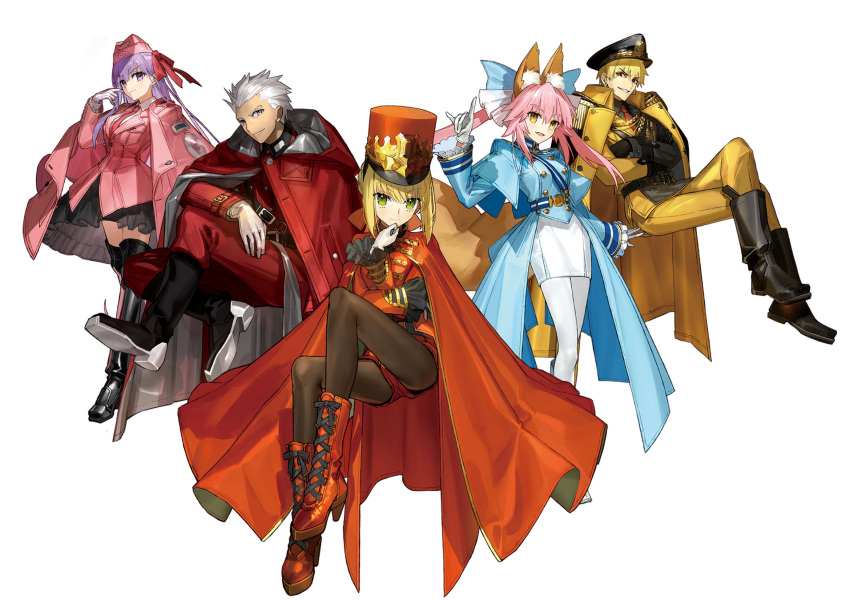 2boys 3girls :d animal_ear_fluff animal_ears aqua_bow archer_(fate) band_uniform bb_(fate) bb_(fate/extra) belt between_breasts black_collar black_footwear black_gloves black_headwear black_shirt black_skirt blonde_hair blurry blurry_background boots bow braid breasts cape closed_mouth coat collar cross-laced_footwear crossed_arms earrings epaulettes eyelashes fangs fate/extra fate/extra_ccc fate_(series) finger_to_cheek formal fox_ears fox_girl fox_shadow_puppet fox_tail french_braid frilled_sleeves frills full_body garrison_cap gilgamesh_(fate) gloves green_eyes green_hair grey_hair grin hair_between_eyes hair_bow hair_ribbon hand_on_own_chin hand_on_own_leg hat high_collar highres hood hooded_coat invisible_chair jewelry lace-up_boots lapels large_breasts long_hair long_sleeves looking_at_viewer military military_hat military_uniform multiple_boys multiple_girls necktie nero_claudius_(fate) nero_claudius_(fate/extra) notched_lapels official_alternate_costume official_art open_mouth overcoat pants pantyhose peaked_cap pink_coat pink_hair pink_headwear pink_necktie pink_suit promotional_art purple_eyes purple_hair red_cape red_coat red_eyes red_footwear red_headwear red_necktie red_pants red_ribbon red_shorts red_skirt red_theme ribbon shako_cap shirt short_hair short_shorts shorts sidelocks sitting skin_fangs skirt smile smug split_ponytail standing strap_between_breasts suit tachi-e tail tamamo_(fate) tamamo_no_mae_(fate/extra) transparent_background trench_coat uniform v-shaped_eyebrows very_long_hair wada_arco white_bow white_footwear white_gloves white_pantyhose white_shirt yellow_cape yellow_eyes yellow_pants zettai_ryouiki