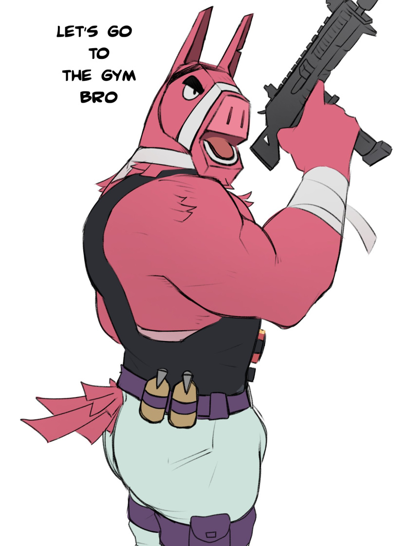 animate_inanimate anthro bandage bandaged_arm bandaged_neck bulletproof_vest camelid dialogue epic_games eye_patch eyewear fortnite fur hi_res holding_object holding_weapon i_need_more_bullets legband living_pinata llama lt._john_llama male mammal muscular muscular_anthro muscular_arms muscular_male open_mouth pinata pink_body pink_fur shell_(projectile) shotgun_shell solo tail text toro_artz tufted_fur weapon wraps