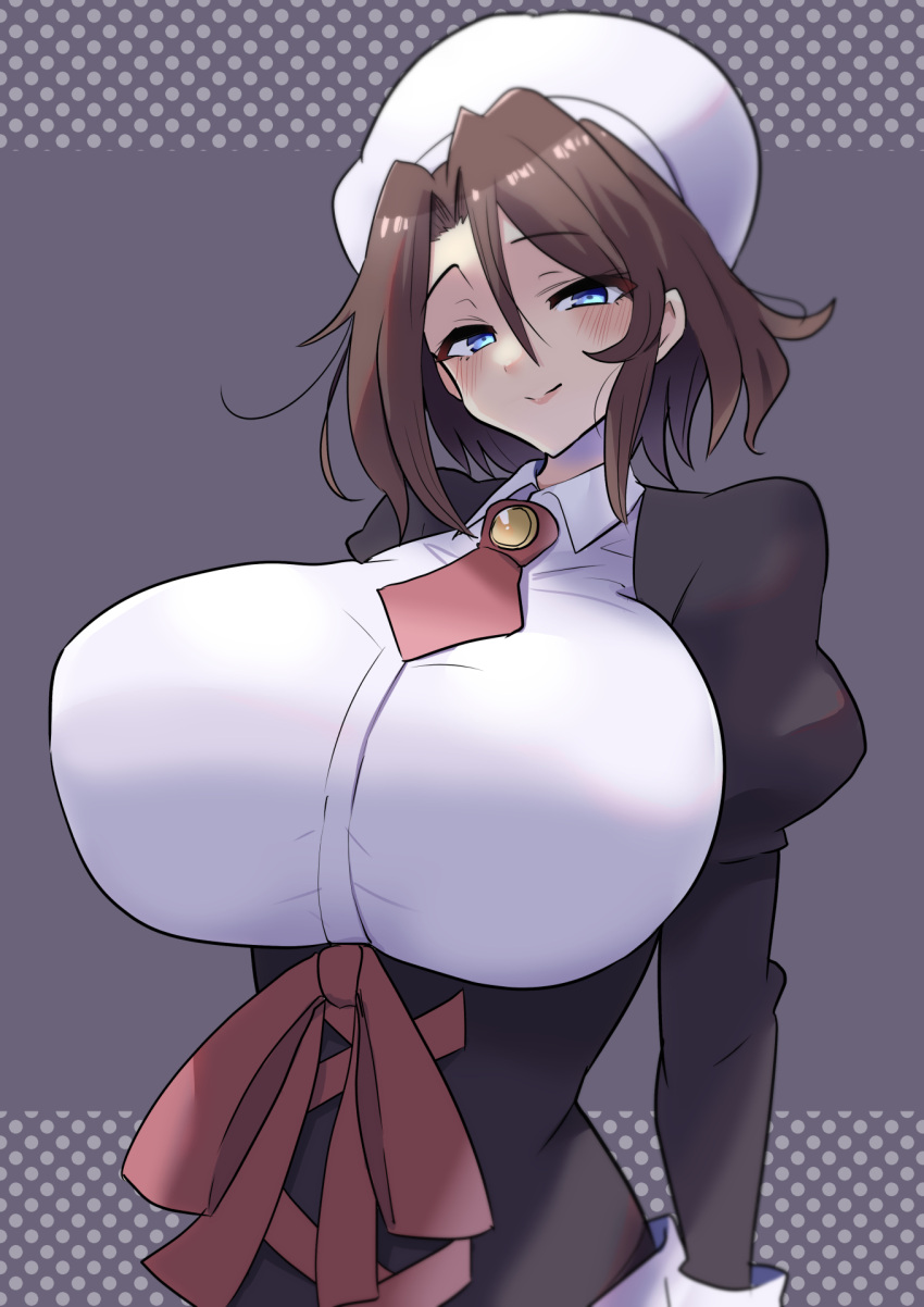 1girl beret blue_eyes blush breasts brown_hair hat highres huge_breasts juliet_sleeves long28 long_sleeves looking_at_viewer maid necktie puffy_sleeves red_necktie shannon_(umineko) short_hair smile solo umineko_no_naku_koro_ni white_headwear