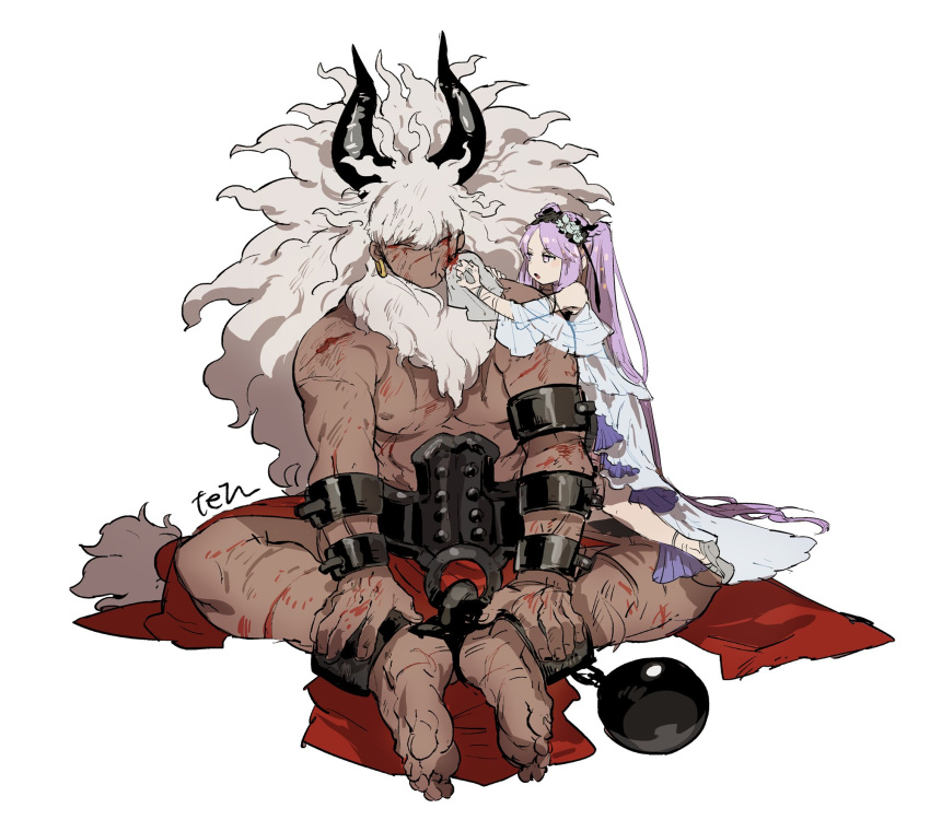 1boy 1girl asterios_(fate) ball_and_chain_restraint barefoot black_hairband blood closed_eyes dress earrings euryale_(fate) fate/grand_order fate_(series) hairband highres injury jewelry mane purple_hair scar scar_on_chest scar_on_face simple_background single_earring sitting tetsu_(teppei) topless_male twintails white_background white_dress white_hair wiping_face