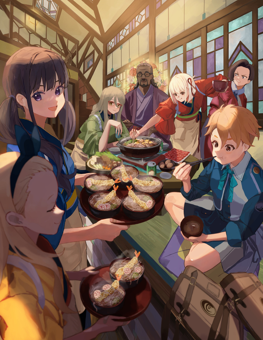 1boy 6+girls absurdres aqua_ribbon black_hair blonde_hair blue_dress blue_kimono blue_ribbon blush brown_eyes brown_hair can chopsticks clenched_teeth closed_eyes closed_mouth collared_shirt commentary_request cup dress eating food food_on_face food_request glasses green_eyes green_kimono grey_dress hair_between_eyes hair_ribbon harukawa_fuki highres holding holding_cup indian_style indoors inoue_takina japanese_clothes kimono kurumi_(lycoris_recoil) licking_lips long_hair looking_at_viewer lycoris_recoil lycoris_uniform mika_(lycoris_recoil) multiple_girls nakahara_mizuki neck_ribbon nishikigi_chisato official_alternate_costume one_side_up open_mouth otome_sakura pleated_dress purple_eyes red_dress red_kimono red_ribbon ribbon shirasuke_0822 shirt short_hair sidelocks sitting smile star-shaped_pupils star_(symbol) symbol-shaped_pupils table teeth tongue tongue_out twintails two-tone_dress white_shirt yellow_kimono