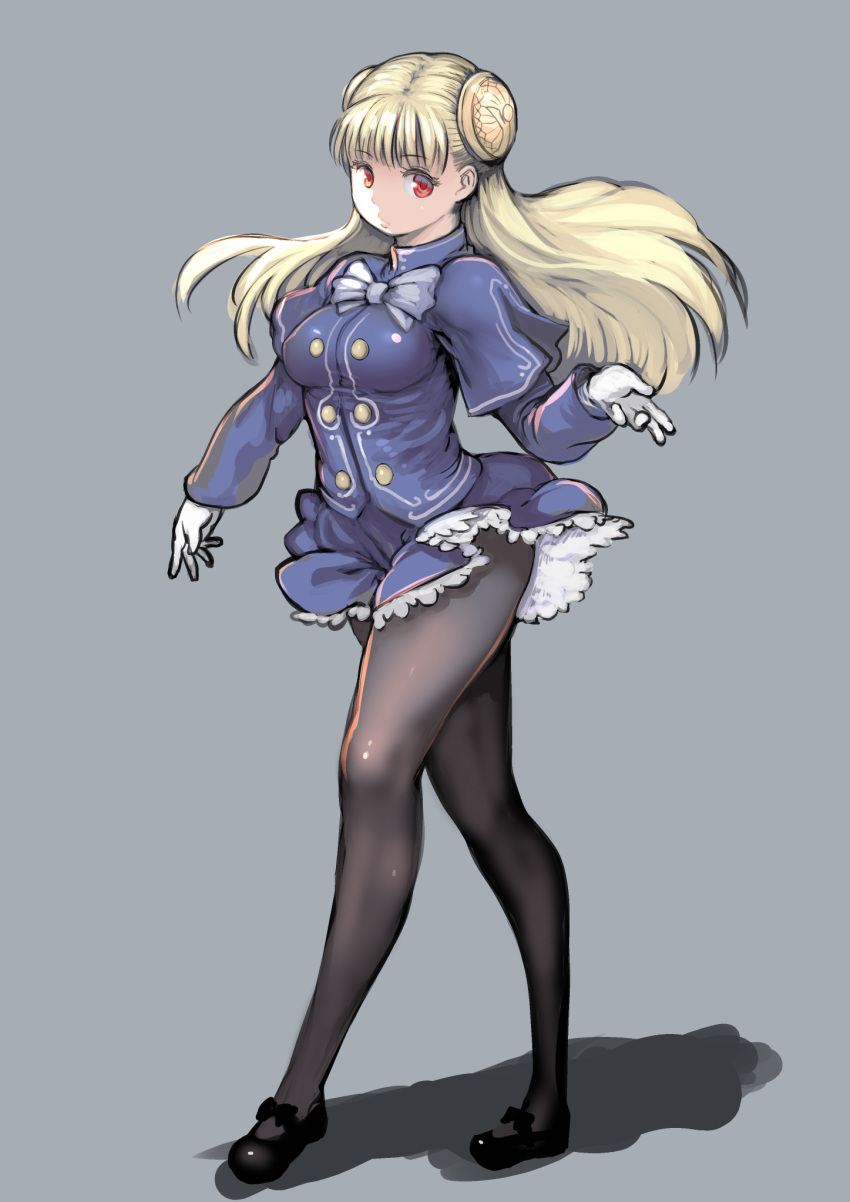 1girl blonde_hair blue_coat blue_skirt capcom_fighting_jam coat commentary_request gloves grey_background hairpods highres ingrid_(capcom) johan_(johan13) long_hair mary_janes pantyhose petticoat red_eyes shoes skirt solo white_gloves