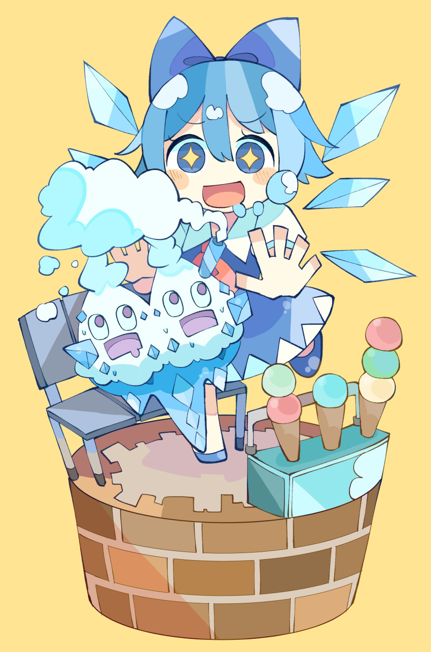 +_+ 1girl absurdres baron_(x5qgeh) blue_bow blue_dress blue_eyes blue_footwear blue_hair blush bow cirno crossover detached_wings dress fairy food hair_between_eyes hair_bow highres ice ice_cream ice_wings open_mouth pokemon pokemon_(creature) shirt shoes short_hair short_sleeves simple_background smile solo touhou vanilluxe white_shirt wings yellow_background