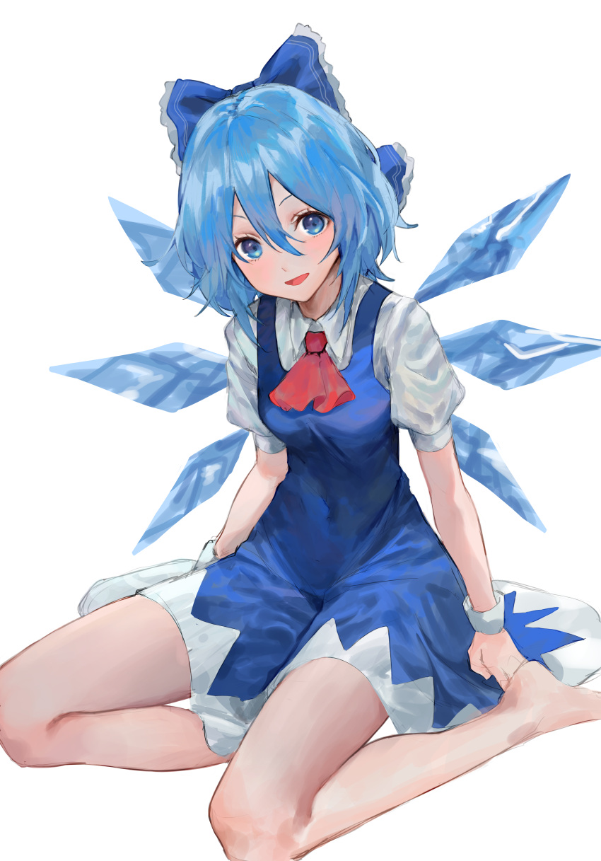 1girl abi_(user_nzav7333) absurdres barefoot blue_bow blue_dress blue_eyes blue_hair bow cirno collared_shirt dress fairy hair_bow highres ice ice_wings looking_at_viewer open_mouth pinafore_dress puffy_short_sleeves puffy_sleeves shirt short_hair short_sleeves simple_background sleeveless sleeveless_dress smile solo touhou white_background white_shirt wings