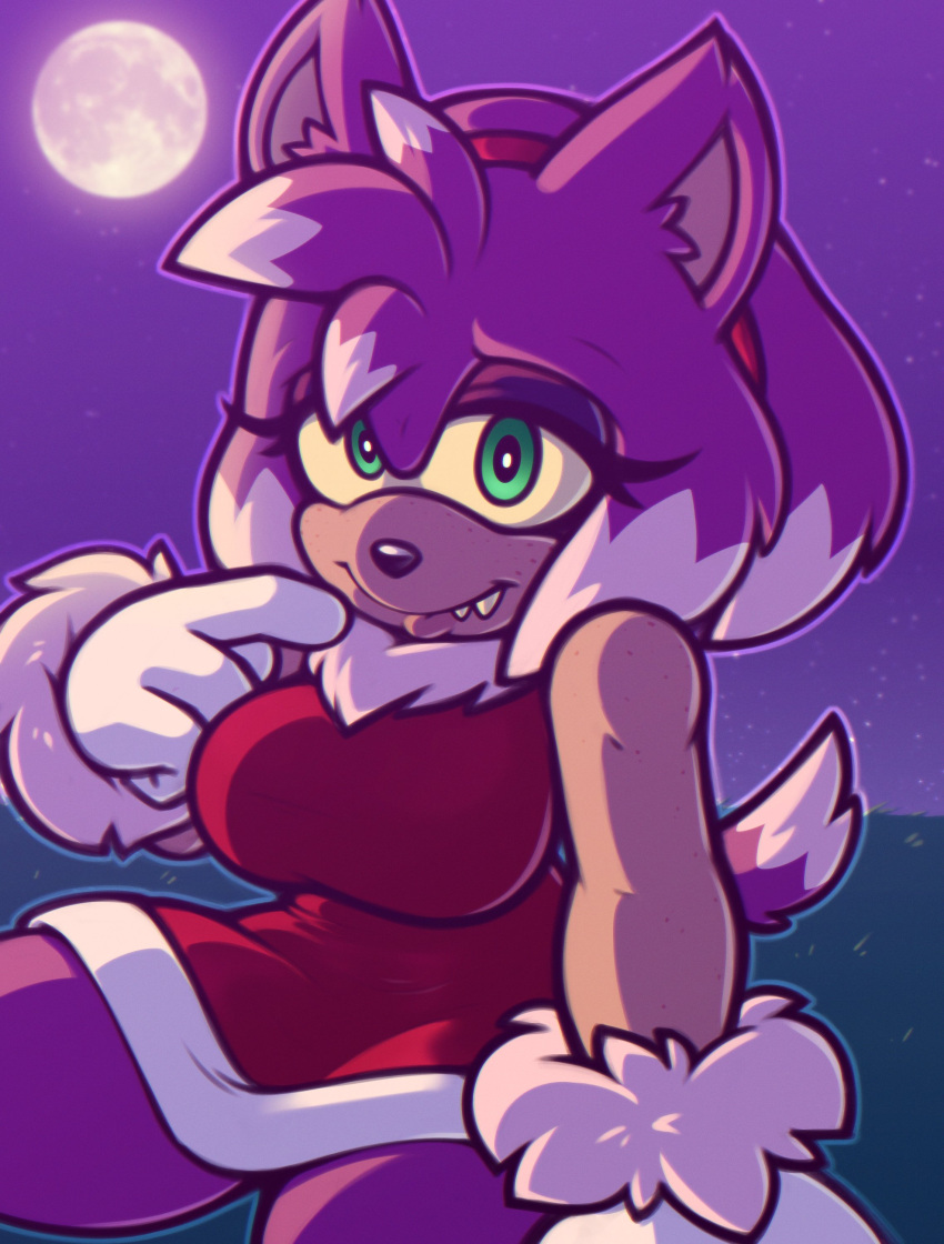 absurd_res accessory amy_rose amy_rose_the_werehog anthro clothing dress eulipotyphlan fangs female fur gloves green_eyes hair_accessory hairband handwear hedgehog hi_res mammal moon night pink_body pink_fur sega sitting smile solo sonic_the_hedgehog_(series) stunnerpony teeth