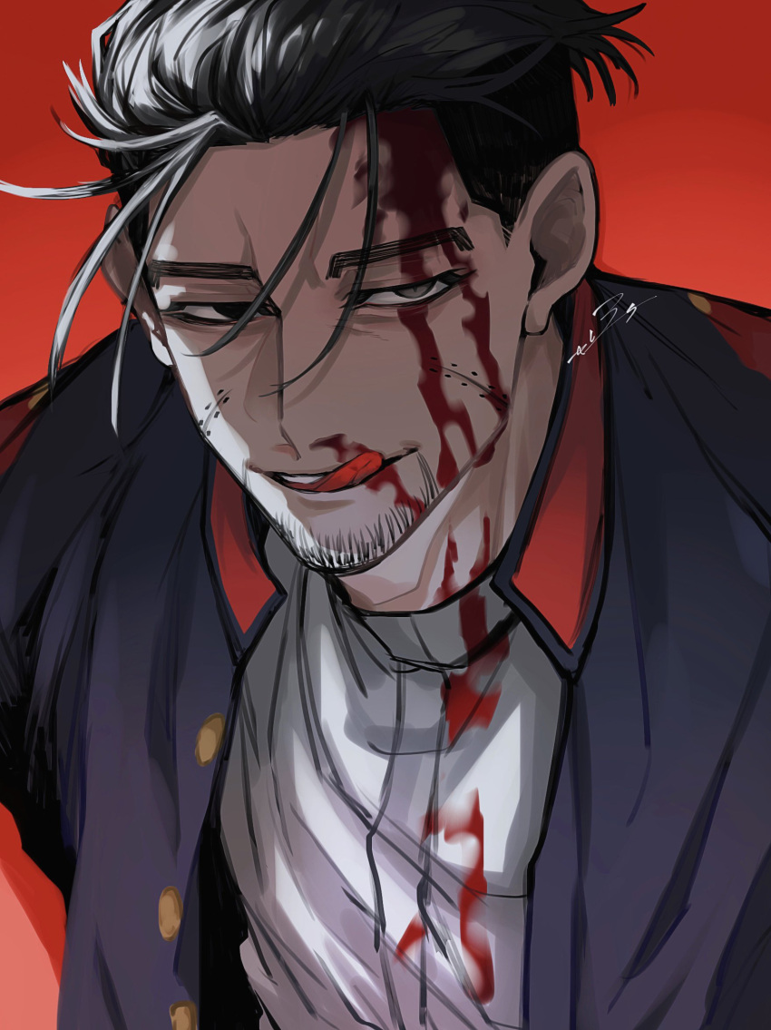 1boy :q black_eyes black_hair bleeding blood blood_on_clothes blood_on_face blue_jacket buttons collared_jacket collared_shirt facial_hair goatee golden_kamuy hair_slicked_back hair_strand highres jacket licking_lips looking_at_viewer male_focus ogata_hyakunosuke open_clothes open_jacket open_mouth red_background shirt signature simple_background solo teeth tongue tongue_out undercut upper_body white_shirt zeta_(ace_343)