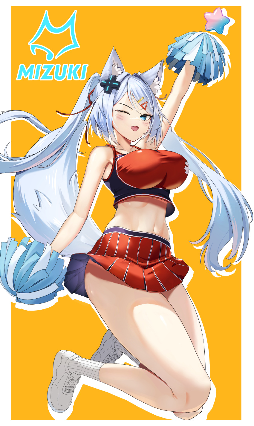 1girl absurdres animal_ears arm_up bare_arms bare_shoulders blue_eyes breasts cheerleader crop_top crop_top_overhang d-pad d-pad_hair_ornament fox_ears fox_girl fox_tail hair_ornament hairclip highres holding holding_pom_poms indie_virtual_youtuber large_breasts legs_up long_hair looking_at_viewer midriff miniskirt mizuki_(vtuber) navel one_eye_closed open_mouth oukafafafa pleated_skirt pom_pom_(cheerleading) red_shirt red_skirt shirt shoes skirt sleeveless sleeveless_shirt smile sneakers socks solo stomach tail thighs twintails very_long_hair virtual_youtuber white_footwear white_hair white_socks