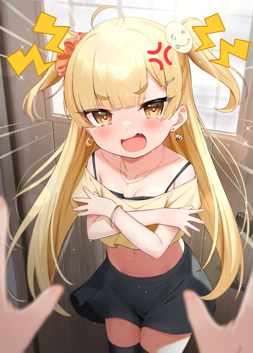 1girl 1other ahoge anger_vein bangle black_camisole black_skirt black_thighhighs blonde_hair blunt_bangs blurry blurry_foreground blush bracelet breasts brown_eyes camisole commentary_request crop_top crossed_arms depth_of_field door fang groin hair_ornament hair_scrunchie hairclip highres indoors jewelry lightning_bolt_symbol long_hair looking_at_viewer navel off-shoulder_shirt off_shoulder open_mouth orange_scrunchie original pleated_skirt scrunchie shirt short_sleeves skirt small_breasts solo_focus tears thick_eyebrows thighhighs tsukiman two_side_up v-shaped_eyebrows very_long_hair yellow_shirt