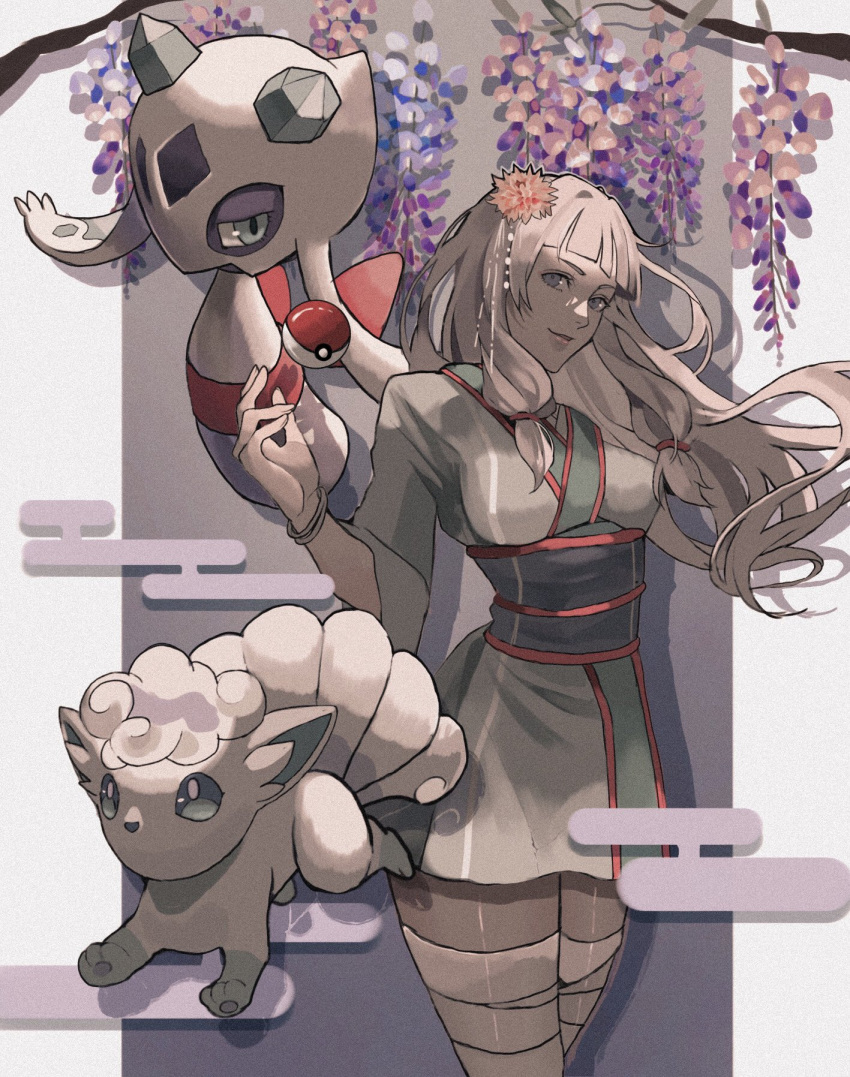 1girl alolan_vulpix bandages branch cherry_blossoms commentary_request commission floating flower fox froslass gradient_background grey_background grey_eyes grey_hair grey_pantyhose hair_flower hair_ornament highres ice light_smile long_hair looking_at_viewer low_tied_sidelocks multiple_tails original pantyhose pillarboxed poke_ball pokemon pokemon_(creature) reo_(mmocc123) skeb_commission tail tossing white_fur
