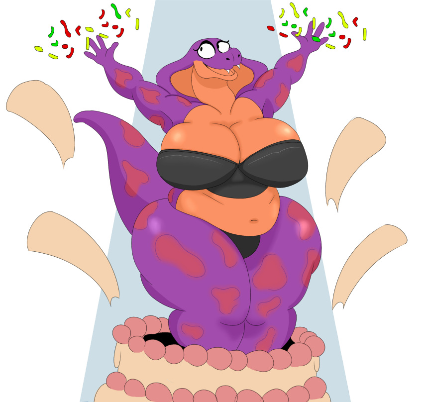 anthro big_breasts black_bottomwear black_clothing black_eyes black_topwear bottomwear breasts cake cleavage clothed clothing cobra confetti dessert eyelashes fangs female food hi_res huge_breasts keeshee navel open_mouth orange_body orange_scales overweight overweight_female pink_spots pop_out_cake purple_body purple_scales reptile scales scalie simple_background snake solo spots spotted_body spotted_scales teeth thick_thighs topwear trifuson white_background wide_hips