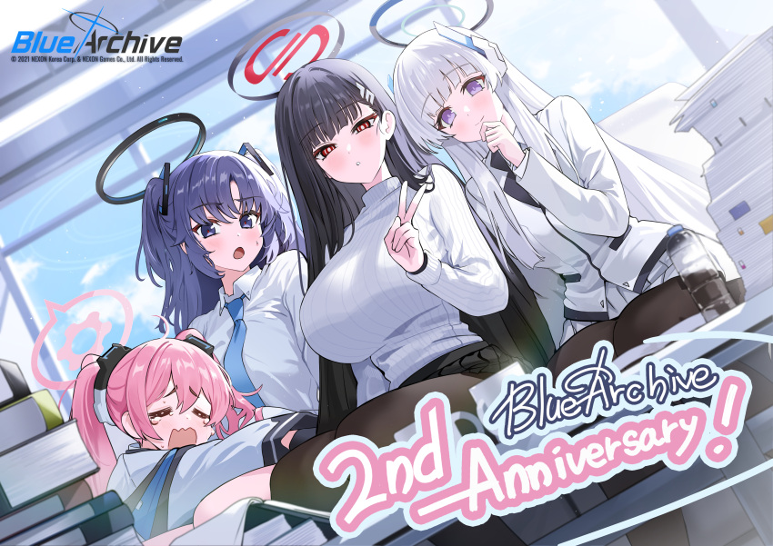 4girls absurdres black_hair black_pantyhose blue_archive blush book book_stack breasts closed_eyes cloud collared_shirt copyright_name day halo highres huge_breasts indoors jacket koyuki_(blue_archive) large_breasts logo long_hair long_sleeves looking_at_viewer multiple_girls noa_(blue_archive) official_art open_mouth pantyhose paper paper_stack parted_lips pink_hair red_eyes ribbed_sweater rio_(blue_archive) school_uniform seminar_(blue_archive) shirt sitting sky smile sweater tears turtleneck turtleneck_sweater twintails two_side_up v white_hair white_shirt white_sweater yuki_(asayuki101) yuuka_(blue_archive)