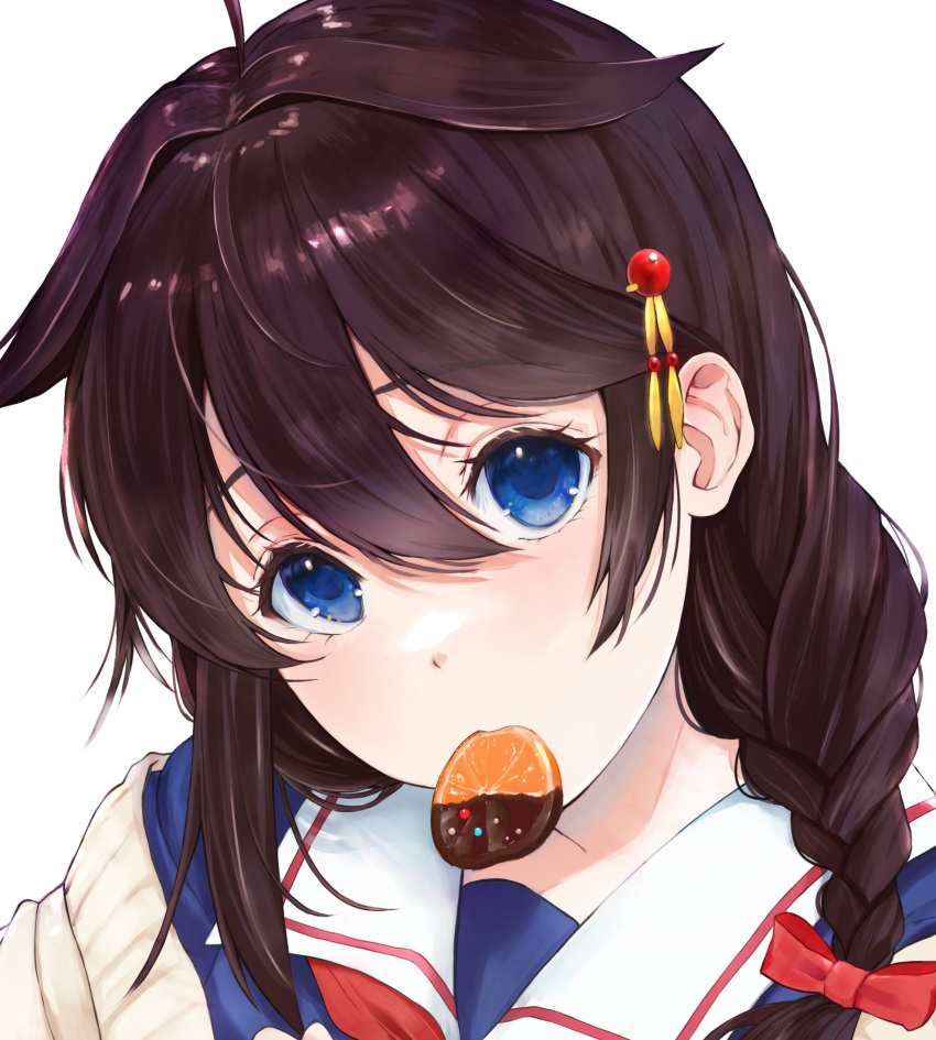 1girl ahoge black_serafuku blue_eyes braid brown_hair food fruit hair_flaps highres kantai_collection long_hair looking_at_viewer magai_akashi mouth_hold neckerchief orange_(fruit) orange_slice portrait red_neckerchief school_uniform serafuku shigure_(kancolle) shigure_kai_ni_(kancolle) simple_background single_braid solo white_background