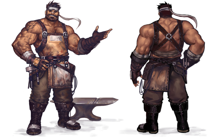 1boy anvil apron arm_hair bara beard blacksmith boots chest_hair cross-laced_footwear dark-skinned_male dark_skin dirty dirty_clothes dopey_(dopq) facial_hair from_behind full_body goggles goggles_on_head grin hairy hand_up large_hands large_pectorals looking_to_the_side male_focus mature_male multiple_views muscular muscular_male mustache original pants pectoral_cleavage pectorals short_hair sidepec smile standing strongman_waist suspenders thick_arms thick_eyebrows veins veiny_arms waist_apron