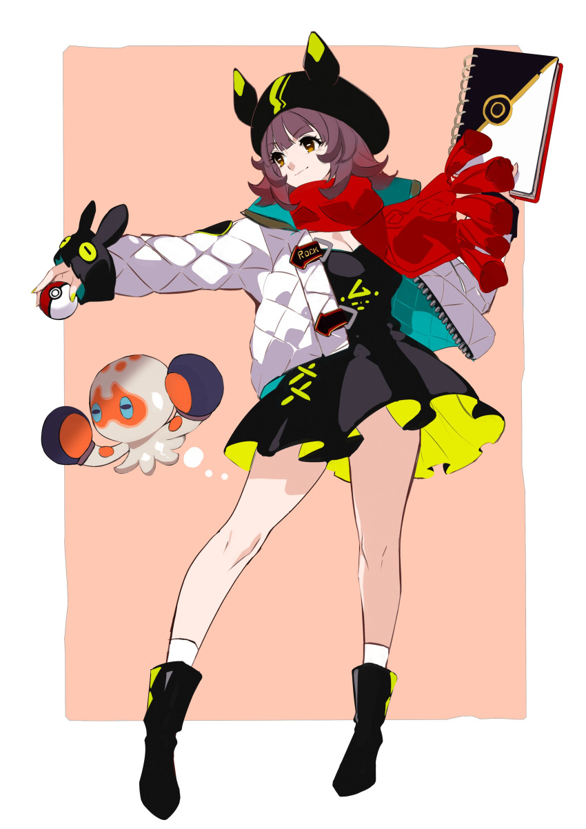 1girl 1other absurdres animal_ears arknights black_dress blue_eyes breasts brown_hair checkered_clothes checkered_scarf cleavage clobbopus deepcolor_(arknights) dress hat highres holding holding_poke_ball holding_sketchbook jacket multicolored_hair octopus open_clothes open_jacket poke_ball pokemon pokemon_(creature) realmbw red_scarf scarf short_hair sketchbook smile white_jacket