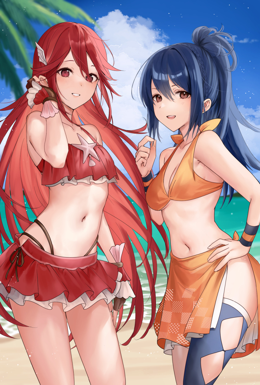 2girls alternate_costume beach bikini bikini_skirt black_thighhighs blue_hair blue_sky braid breasts brown_eyes brown_gloves cloud commentary_request cordelia_(fire_emblem) cordelia_(summer)_(fire_emblem) crown_braid fingerless_gloves fire_emblem fire_emblem_awakening fire_emblem_fates fire_emblem_heroes gloves grin hair_between_eyes hair_ornament hand_on_own_hip haru_(nakajou-28) highres long_hair looking_at_viewer medium_breasts multiple_girls navel oboro_(fire_emblem) ocean official_alternate_costume orange_bikini orange_sarong outdoors ponytail red_bikini red_eyes red_hair red_skirt sand sarong single_thighhigh skirt sky small_breasts smile stomach swimsuit teeth thighhighs upper_teeth_only very_long_hair water wing_hair_ornament