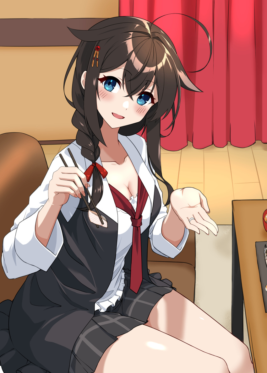 1girl absurdres ahoge black_hair black_skirt blue_eyes blush braid breasts chopsticks cleavage collarbone curtains fingernails fish food hair_between_eyes hair_flaps highres holding holding_chopsticks indoors jacket jewelry kantai_collection long_hair medium_breasts necktie official_alternate_costume open_clothes open_jacket open_mouth pleated_skirt red_necktie ring saury shiba_(zudha) shigure_(kancolle) shigure_kai_san_(kancolle) single_braid skirt smile solo wedding_ring
