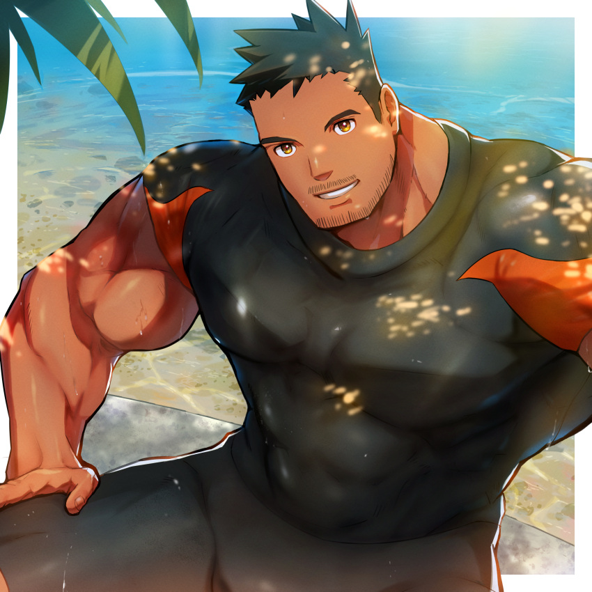 1boy bara beach beard_stubble biceps black_hair blue_male_swimwear bodysuit bulge covered_abs covered_nipples dark-skinned_male dark_skin diving_suit feet_out_of_frame from_above full_body grin highres large_pectorals looking_at_viewer male_focus male_swimwear marucoi_(metabosukiy) mature_male muscular muscular_male mustache_stubble ocean orange_male_swimwear original pectorals shoes short_hair sideburns sitting smile solo sunlight thick_thighs thighs two-tone_bodysuit wetsuit