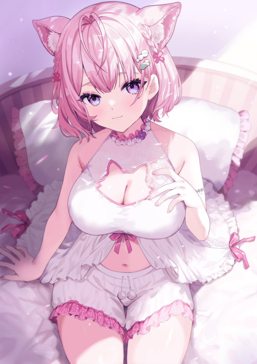 1girl animal_ears bare_shoulders breasts choker cleavage fingernails flower_choker flower_collar hakui_koyori hakui_koyori_(3rd_costume) hell_fuuna highres hololive large_breasts looking_at_viewer on_bed pearl_hair_ornament pillow pink_hair purple_eyes solo test_tube_hair_ornament two-tone_choker virtual_youtuber wolf_cutout wolf_ears wolf_girl