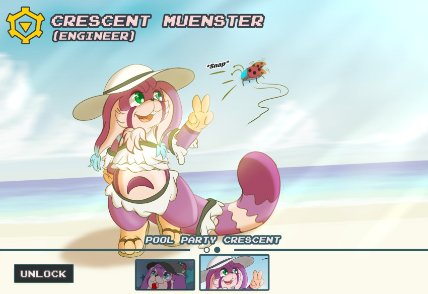 absurd_res accessory age_difference ailurid anthro beach belly belly_markings chua clothing crescent_muenster_(fursona) dress female footwear furgonomics gameplay_mechanics hat headgear headwear heterochromia hi_res hindpaw hybrid long_ears long_tail lunamuenster mammal markings paws red_panda rodent sand sandals seaside short_dress slightly_chubby solo swimwear tail tail_accessory wildstar young younger_female