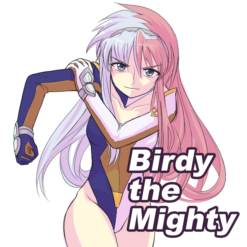 1girl birdy_cephon_altera blue_leotard breasts closed_mouth collarbone copyright_name dyed_bangs elbow_gloves gloves highres leotard long_hair looking_at_viewer medium_breasts multicolored_hair pink_hair rsk simple_background smile solo tetsuwan_birdy two-tone_hair white_background white_hair