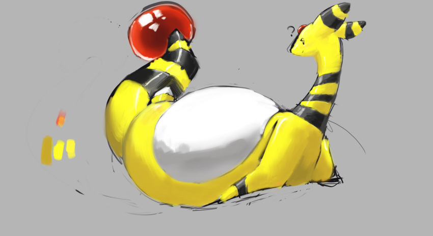 2023 ampharos belly big_belly digital_drawing_(artwork) digital_media_(artwork) feral generation_2_pokemon grey_background hi_res looking_at_viewer looking_back lying nintendo on_back pokemon pokemon_(species) question_mark raster_dreams simple_background solo solo_focus tail white_belly yellow_body