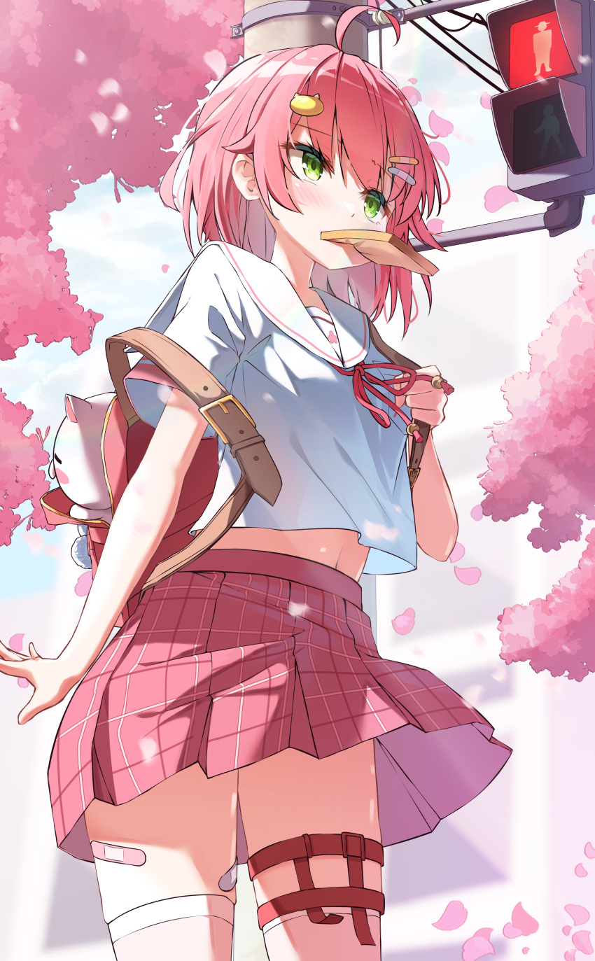 1girl 35p_(sakura_miko) absurdres ahoge arm_at_side backpack bag bandaid bandaid_on_leg bandaid_on_thigh bell blush cat_hair_ornament cherry commentary crop_top crop_top_overhang english_commentary food food_in_mouth fruit green_eyes hair_bell hair_ornament hairclip highres hololive maeru midriff_peek miniskirt mouth_hold navel neck_ribbon official_alternate_costume official_alternate_hairstyle outdoors pink_hair pink_skirt plaid plaid_skirt pleated_skirt randoseru red_bag red_ribbon ribbon sailor_collar sakura_miko sakura_miko_(6th_costume) school_uniform serafuku shirt short_hair short_sleeves skirt solo thigh_strap toast toast_in_mouth traffic_light virtual_youtuber white_sailor_collar white_shirt wind wind_lift