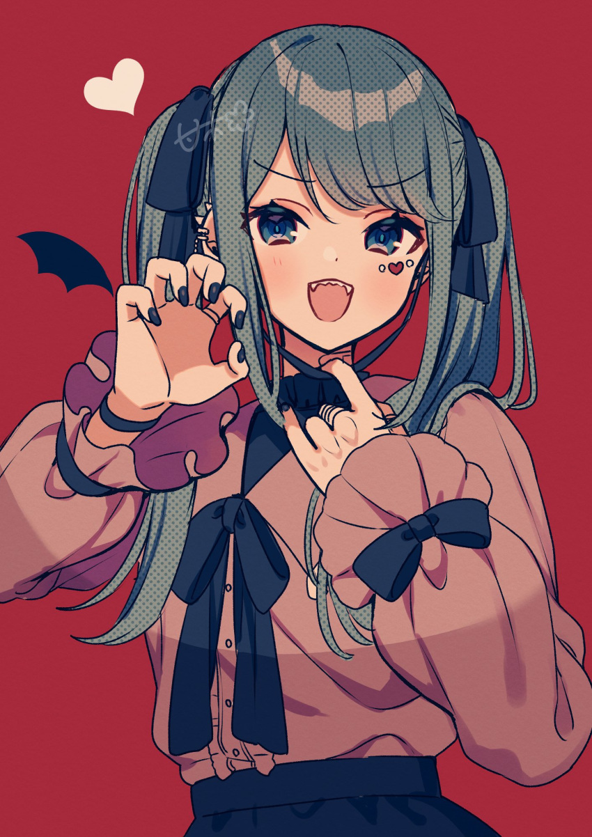 1girl aqua_eyes aqua_hair bandaid bandaid_on_neck black_nails black_ribbon black_skirt bracelet center_frills cowboy_shot ear_piercing earrings edward-el fangs frilled_shirt frilled_shirt_collar frills hair_ribbon hatsune_miku heart highres jewelry jirai_kei long_hair long_sleeves looking_at_viewer nail_polish open_mouth piercing pink_shirt puffy_long_sleeves puffy_sleeves red_background ribbon sharp_teeth shirt skirt swept_bangs teeth twintails vampire vampire_(vocaloid) vocaloid