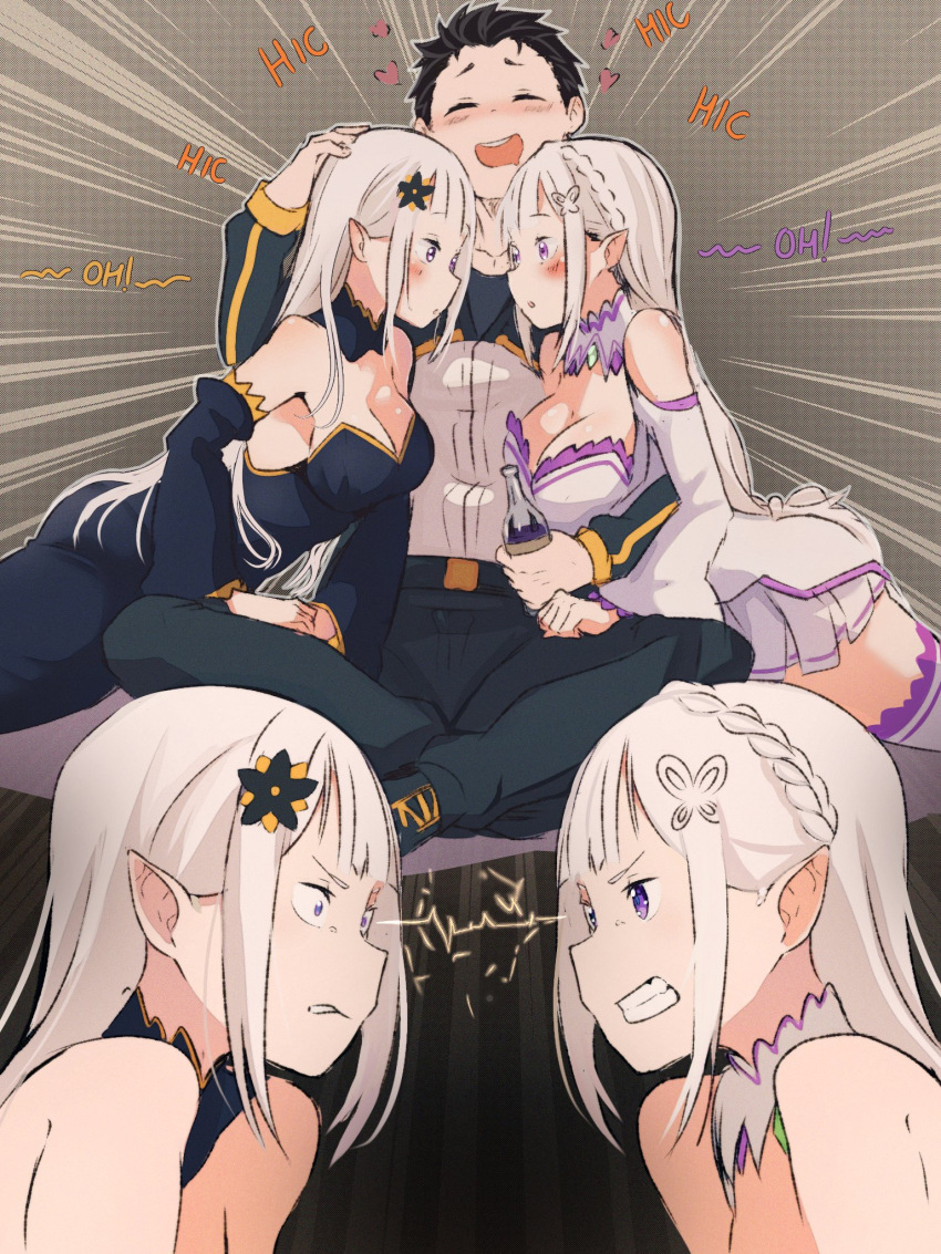 1boy 2girls angry bare_shoulders black_dress black_hair blush braid breasts cleavage clenched_teeth closed_eyes commentary_request crown_braid detached_sleeves dress drooling drunk elf emilia_(re:zero) eye_contact frilled_dress frills gem green_gemstone hair_ornament hair_slicked_back headpat heart highres jacket large_breasts lightning_glare long_hair long_sleeves looking_at_another mouth_drool multiple_girls natsuki_subaru open_mouth pointy_ears portuguese_commentary purple_eyes re:zero_kara_hajimeru_isekai_seikatsu satella_(re:zero) stare_down teeth thighhighs track_jacket track_suit upper_teeth_only white_dress white_hair x_hair_ornament zerobarto