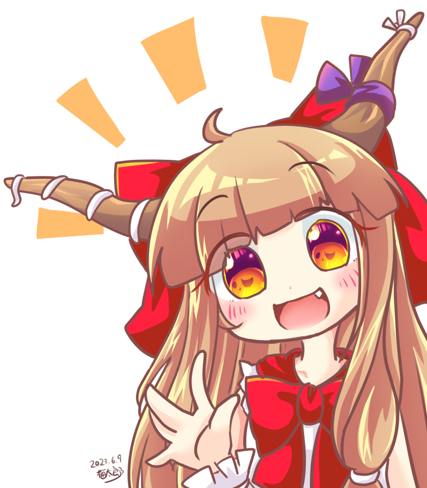 1girl :d ahoge blunt_bangs bow bowtie brown_hair dated fairy_cat fang hair_bow highres horn_ornament horn_ribbon horns ibuki_suika long_hair looking_at_viewer low-tied_long_hair open_mouth orange_eyes purple_ribbon red_bow red_bowtie ribbon signature simple_background smile solo torn_clothes torn_sleeves touhou upper_body white_background