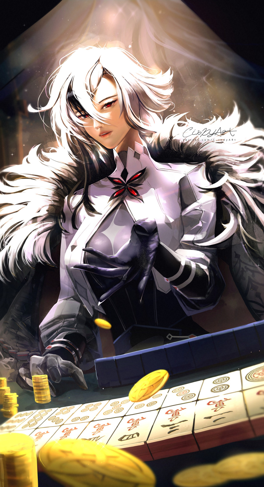 1girl absurdres arlecchino_(genshin_impact) black_eyes black_hair cindy_(cindyart) coat coat_on_shoulders dutch_angle fur-trimmed_coat fur_trim genshin_impact grey_hair hair_between_eyes highres lips long_hair looking_at_viewer mahjong mahjong_tile multicolored_hair parted_lips red_pupils solo streaked_hair symbol-shaped_pupils two-tone_hair web_address white_coat x-shaped_pupils