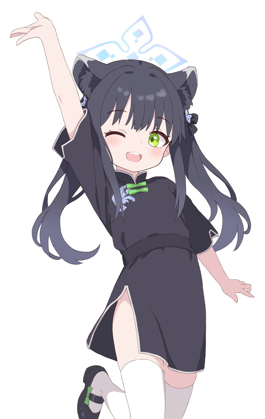1girl ;d absurdres animal_ear_fluff animal_ears arm_up black_dress black_hair blue_archive blunt_bangs china_dress chinese_clothes commentary_request dress extra_ears green_eyes halo highres long_hair looking_at_viewer one_eye_closed short_sleeves shun_(blue_archive) shun_(small)_(blue_archive) side_slit sidelocks simple_background smile solo standing standing_on_one_leg thighhighs tiger_ears tiger_girl twintails white_background white_thighhighs yukisiannn