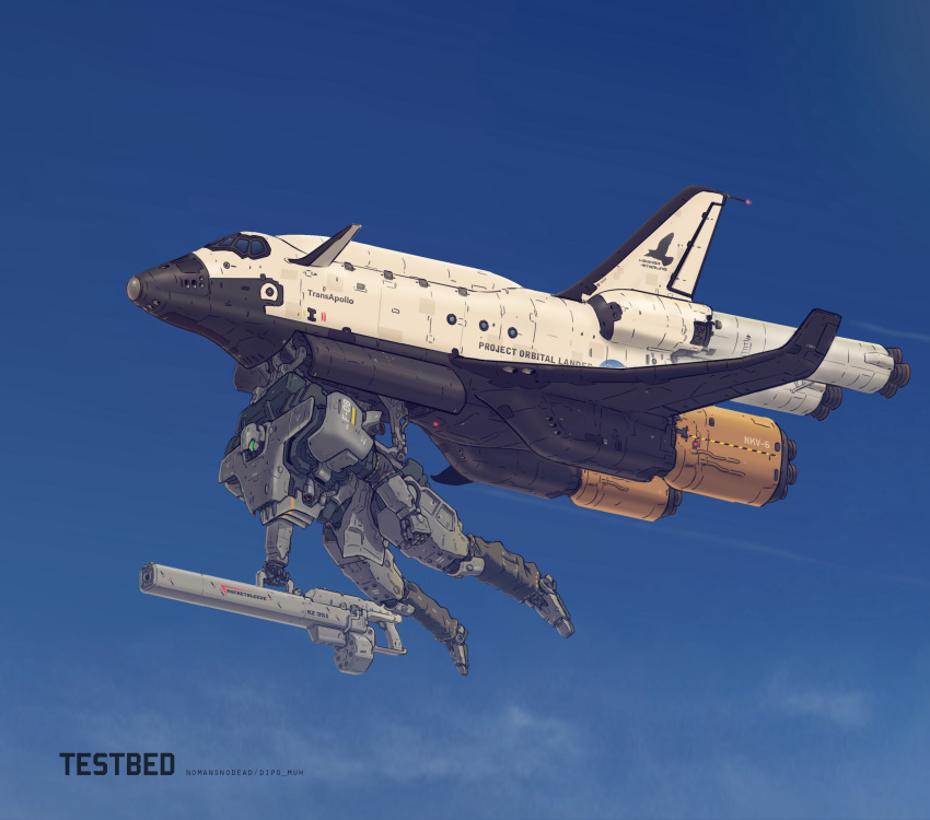 absurdres assault_visor blue_sky canards commentary day english_commentary gun highres holding holding_gun holding_weapon insignia mecha nasa nasa_logo no_humans nomansnodead original outdoors redesign robot science_fiction sky space_shuttle spacecraft weapon