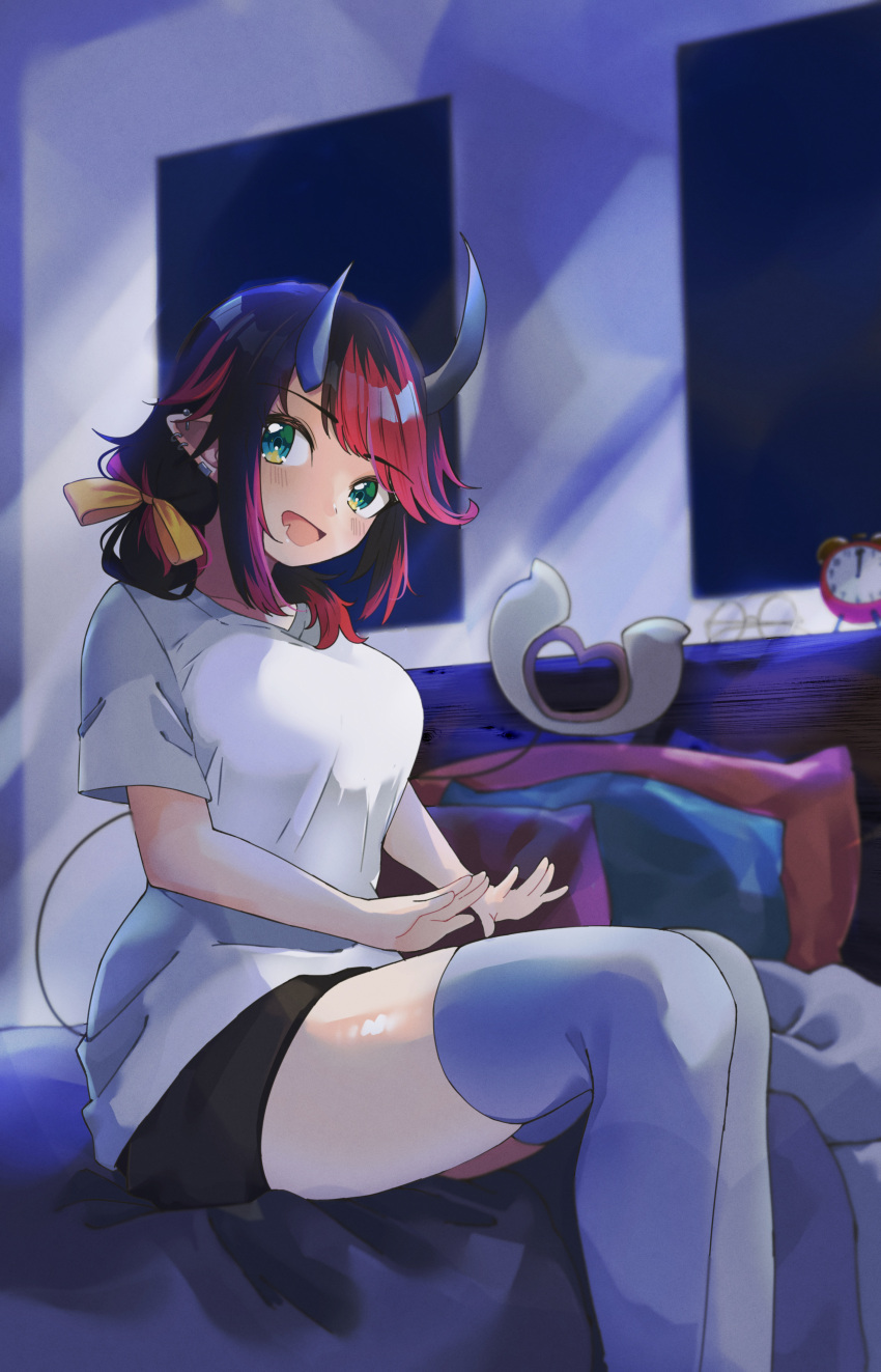 1girl absurdres alarm_clock alternate_costume bed black_hair black_shorts blue_eyes blush bow breasts clock commentary_request demon_girl demon_horns eyewear_removed feet_out_of_frame glasses grey_thighhighs hair_bow highres horns indoors lap_pillow_invitation large_breasts long_hair looking_at_viewer multicolored_hair nanashi_inc. on_bed open_mouth pillow pointy_ears red_hair ryugasaki_rene shirt shorts sitting smile solo sugar_lyric t-shirt tail thighhighs two-tone_hair virtual_youtuber white_shirt yellow_bow zono_(inokura_syuzo029)
