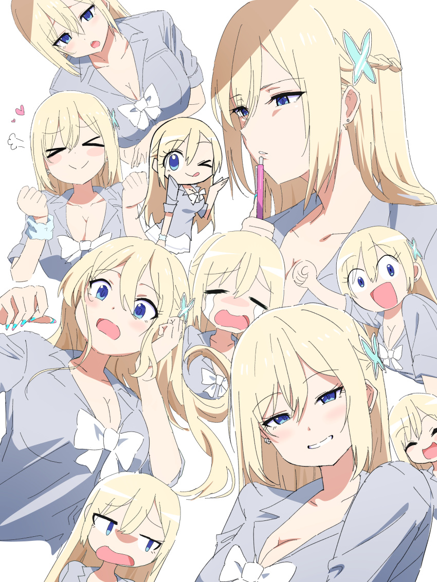 &gt;_&lt; 1girl :d ;q ^_^ absurdres blonde_hair blue_eyes blush bow bowtie breasts cleavage clenched_hands closed_eyes collage collarbone cropped_torso crying earrings fingernails grey_shirt gyaru highres jewelry kogal large_breasts misaki_nonaka multiple_views nail_polish one_eye_closed open_collar original school_uniform shirt simple_background smile stud_earrings tongue tongue_out upper_body white_background white_bow white_bowtie