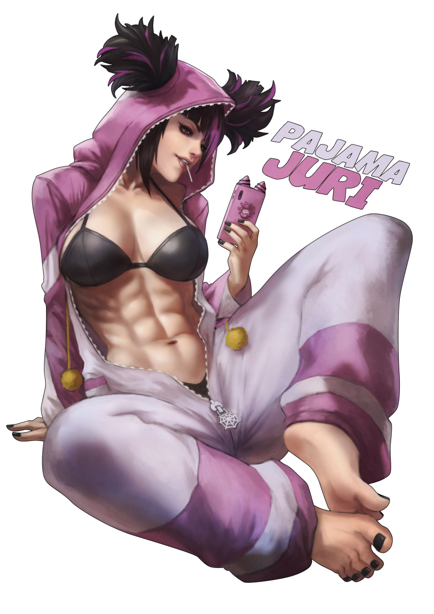 1girl abs absurdres black_bra black_hair black_nails bra breasts candy cellphone character_name cosplay food han_juri highres hood hood_up kigurumi lollipop monori_rogue multicolored_hair muscular muscular_female nail_polish navel official_alternate_costume official_alternate_hairstyle pajamas phone pink_pajamas purple_hair simple_background sitting smartphone smartphone_case smile solo stomach streaked_hair street_fighter street_fighter_6 toenail_polish toenails twintails underwear unzipped zipper_pull_tab