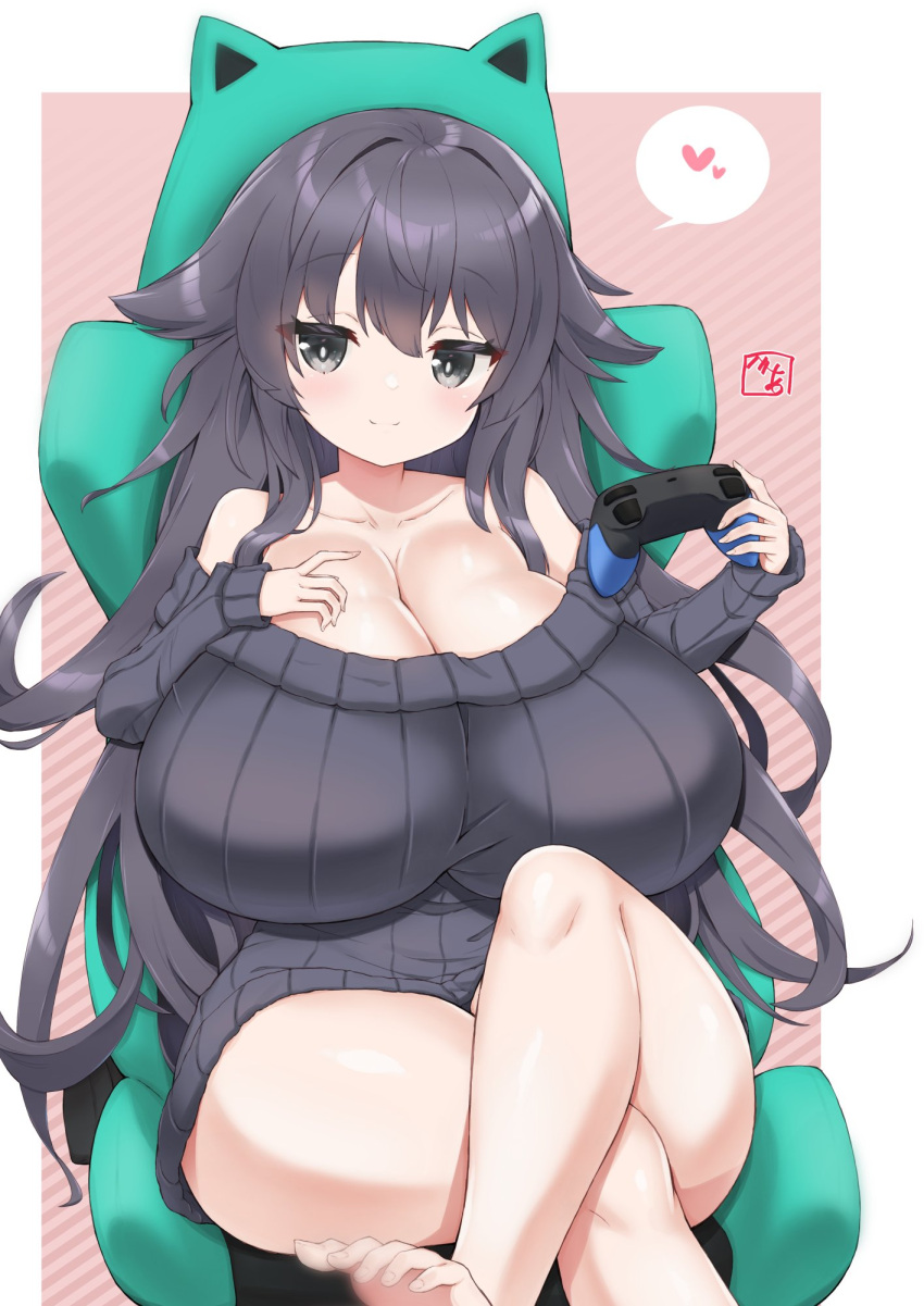 1girl bare_legs bea_(bropmlk) black_hair black_sweater breasts chair cleavage commission controller crossed_legs flipped_hair game_controller gaming_chair grey_eyes heart highres holding holding_controller holding_game_controller huge_breasts light_smile long_hair no_pants off-shoulder_sweater off_shoulder original ribbed_sweater shortstack signature simple_background sitting skeb_commission sleeves_past_wrists solo spoken_heart striped striped_background sweater swivel_chair very_long_hair