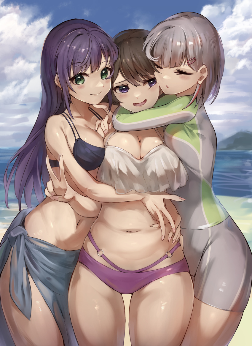 3girls absurdres arms_around_neck beach bikini bikini_skirt black_bikini blue_sky blush breasts brown_hair cleavage closed_eyes closed_mouth cloud commentary_request day frilled_bikini frills fujishima_megumi grey_hair hair_ornament hairclip hand_on_another's_chest hands_on_another's_stomach highres horizon large_breasts link!_like!_love_live! long_hair looking_at_another looking_at_viewer love_live! medium_breasts multicolored_hair multiple_girls navel ocean open_mouth otomune_kozue outdoors pink_bikini popupi_12 purple_eyes purple_hair red_hair sand short_hair sidelocks sky smile swimsuit v virtual_youtuber water white_bikini yugiri_tsuzuri