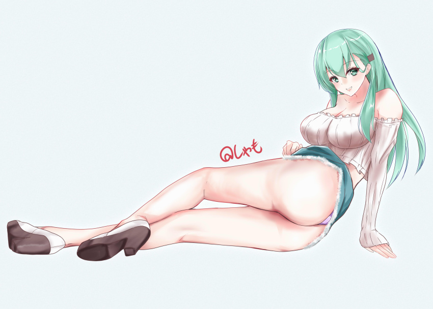 1girl absurdres aqua_eyes aqua_hair arm_support ass bare_shoulders black_footwear blue_background breasts cleavage clenched_teeth clothes_lift crop_top detached_sleeves full_body green_skirt hair_ornament hairclip highres kantai_collection large_breasts legs lifted_by_self long_hair long_sleeves looking_at_viewer miniskirt panties pantyshot purple_panties shamo_(ptwmjgda) shoes signature simple_background skirt skirt_lift smile solo strapless suzuya_(kancolle) teeth thighs underwear