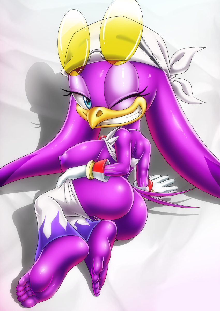 absurd_res anthro avian bird bottomwear bottomwear_down breasts butt clothed clothing feet female genitals grin hi_res looking_at_viewer nipples pants pants_down partially_clothed pussy sega smile solo sonic_riders sonic_the_hedgehog_(series) unknown_artist wave_the_swallow