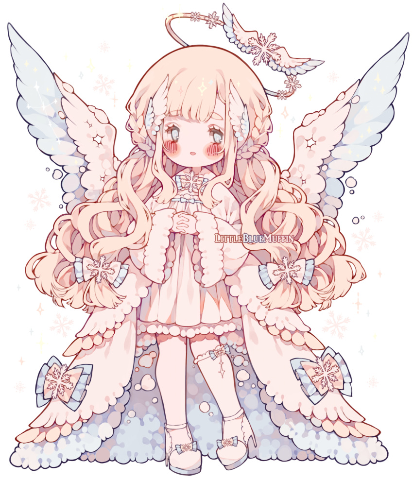 1girl angel angel_wings artist_name asymmetrical_legwear blonde_hair blue_eyes blush blush_stickers bow bow_legwear bowtie braid chibi dress english_commentary eyelashes feathered_wings footwear_bow french_braid frilled_bow frilled_bowtie frilled_dress frilled_thighhighs frills fur-trimmed_sleeves fur_trim hair_bow hair_ornament halo high_heels highres juliet_sleeves layered_clothes littlebluemuffin long_hair long_sleeves looking_ahead open_mouth original own_hands_clasped own_hands_together painttool_sai_(medium) puffy_sleeves robe short_dress single_thighhigh smile snow snowflake_brooch snowflake_hair_ornament sparkle thighhighs transparent_background watermark wavy_hair white_bow white_bowtie white_dress white_footwear white_robe white_thighhighs white_wings wide_sleeves wing_hair_ornament wings
