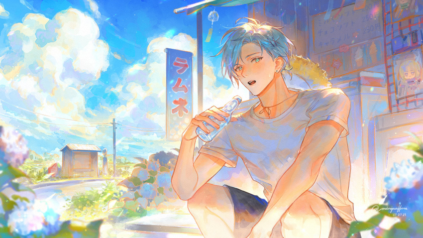 1boy absurdres bishounen blue_hair blue_shorts blue_sky blush chibi cloud dated drink ear_piercing flower food green_eyes hat hat_around_neck highres holding holding_drink holostars holostars_english ice_cream light_particles looking_at_viewer magni_dezmond male_focus nose_blush open_mouth piercing regis_altare rm-parfait shirt short_hair shorts sitting sky solo straw_hat summer sweat twitter_username virtual_youtuber white_shirt wind_chime