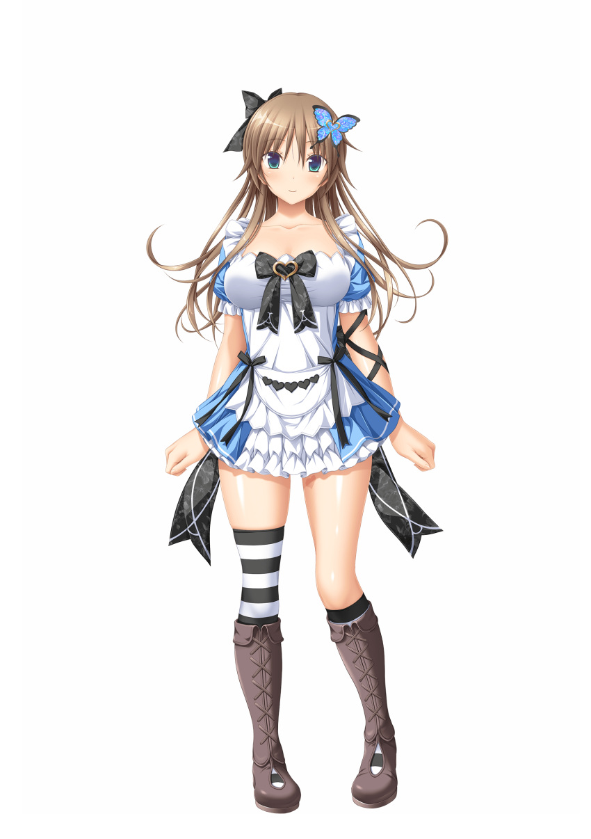 1girl absurdres aqua_eyes arm_ribbon asymmetrical_legwear bangs boots bow breasts brown_footwear brown_hair butterfly_hair_ornament collarbone dress facing_viewer full_body hair_bow hair_ornament hapymaher highres knee_boots koku large_breasts long_hair looking_at_viewer non-web_source official_art photoshop_(medium) ribbon short_dress short_sleeves smile solo standing tachi-e toriumi_arisu transparent_background