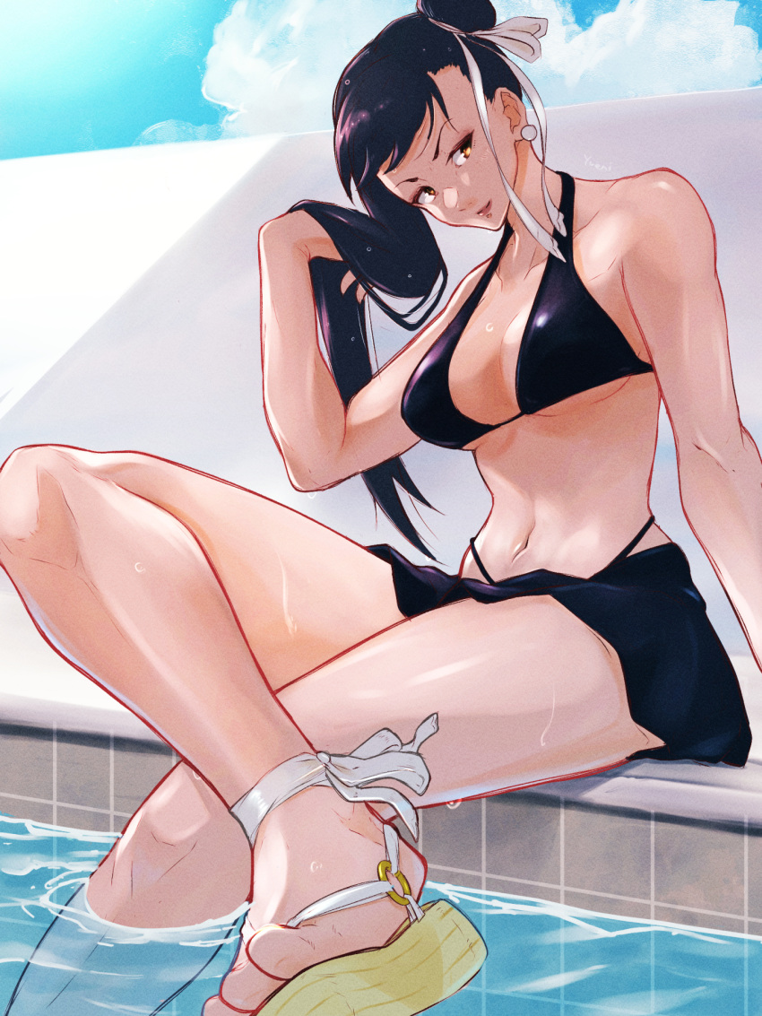 1girl ankle_ribbon bikini black_bikini black_hair blue_sky breasts brown_eyes chun-li cloud commentary_request earrings hair_bun hair_half_undone hair_ribbon highres jewelry leg_ribbon long_hair looking_at_viewer navel outdoors pool poolside ribbon sandals skirt sky smile soaking_feet solo street_fighter swimsuit water wet white_ribbon yuenibushi